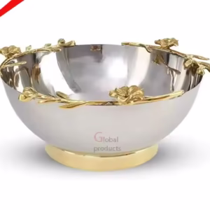 Modern Metal Silver Round Shape Serving Bowl With Gold Stand Home Decor