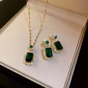4pcs Geometric Jewelry Sets Luxury Ladies 925 Silver Zircon Rhinestone Green