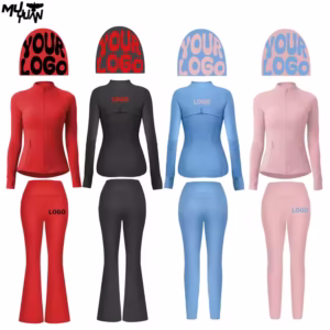 High Waisted Workout Two Piece Zipper Wide Leg Jacket Yoga
