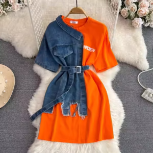 ANSZKTN Fashion Round Neck Color Blocking Denim Shirt
