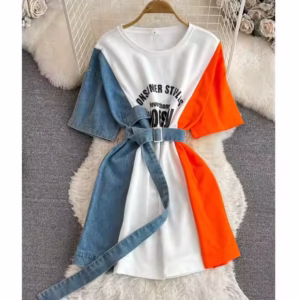 2024 Denim Print Splicing T-Shirt Dress Women Summer
