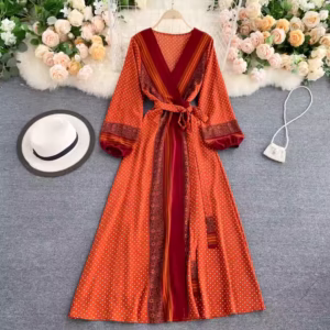 New 2023 Korean Fashion Long Sleeve V Neck Sashes Slim Waist