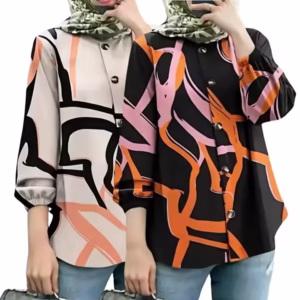 Muslim Women Fashion Printed Shirt Long Puff Sleeve Button Closure